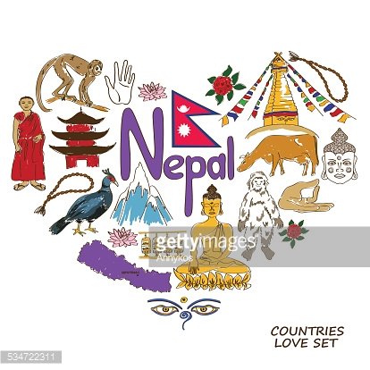 Illustrated heart-shaped collage of Nepali cultural symbols including flag, temples, Buddha, yeti, monkey, peacock, and Himalayas.