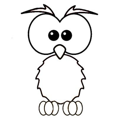 Simple black-and-white cartoon owl with large eyes, tufted ears, and fluffy body, ideal for coloring pages.