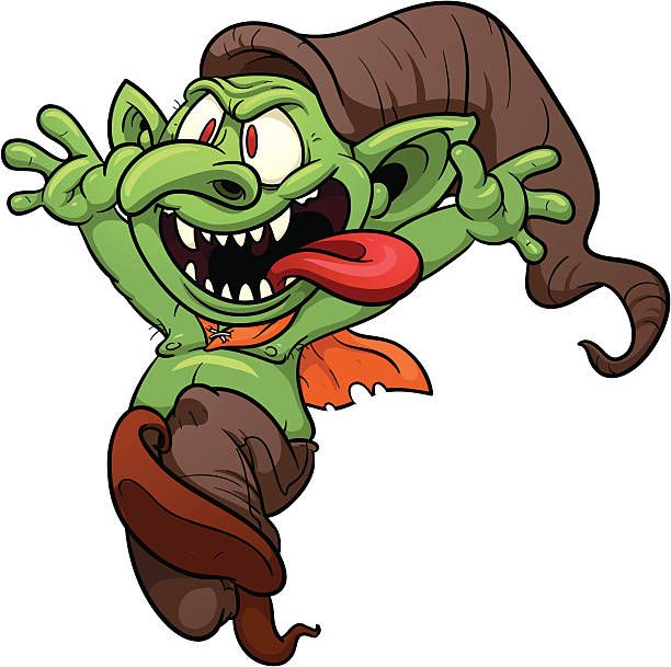 Green goblin cartoon with wide eyes, sharp teeth, tongue out, wearing brown hat and orange cape, leaping playfully.