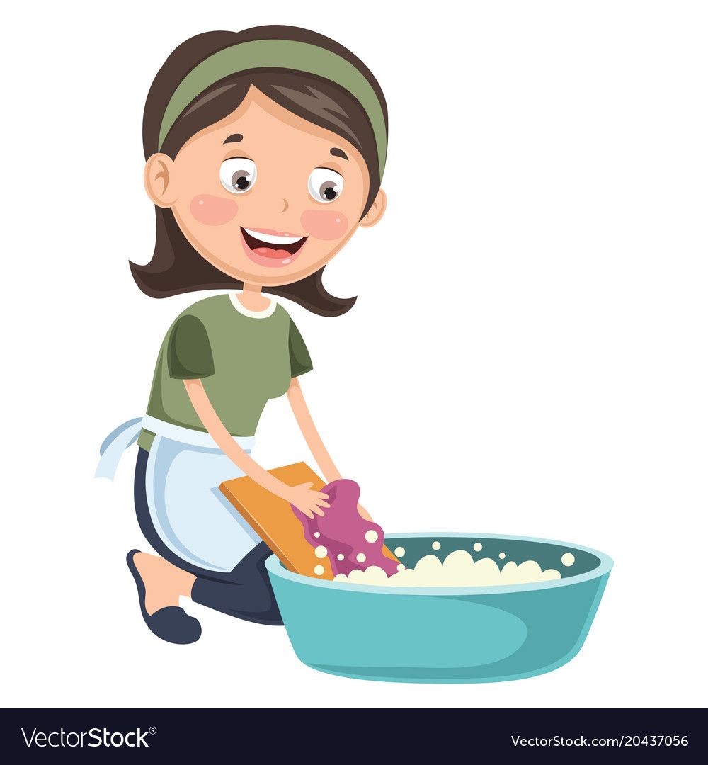 Smiling woman in apron hand-washing clothes in a blue basin with soap suds using a wooden washboard.