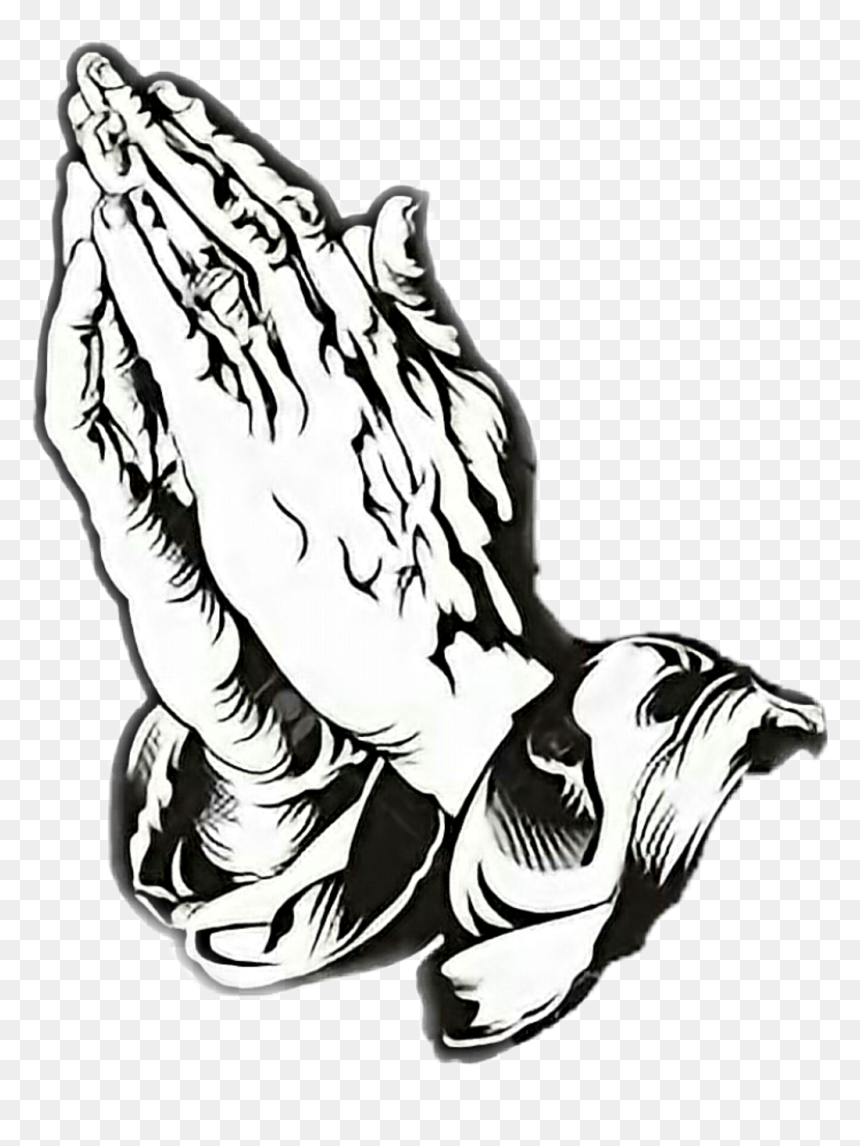 Black-and-white illustration of clasped praying hands with detailed line art and shadowing.