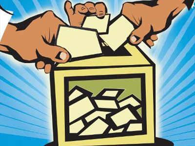 Hands depositing ballots into a yellow voting box with radiant blue background.