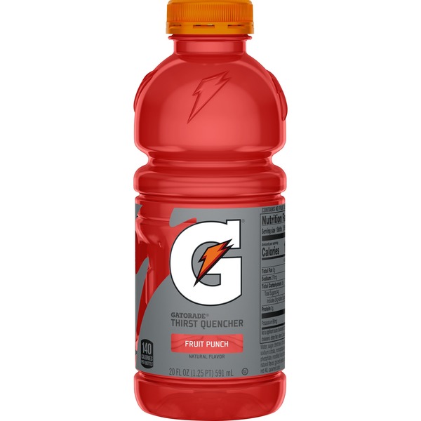 Red Gatorade Thirst Quencher Fruit Punch bottle with orange cap and label showing 140 calories and 20 fl oz volume.
