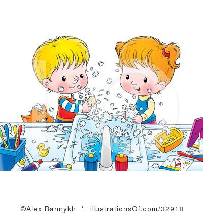 Two cheerful children washing hands at a sink with soap suds, surrounded by toys and art supplies.