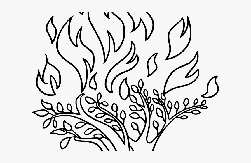 Black-and-white line art of a burning bush with stylized flames and leafy branches, evoking resilience or transformation.