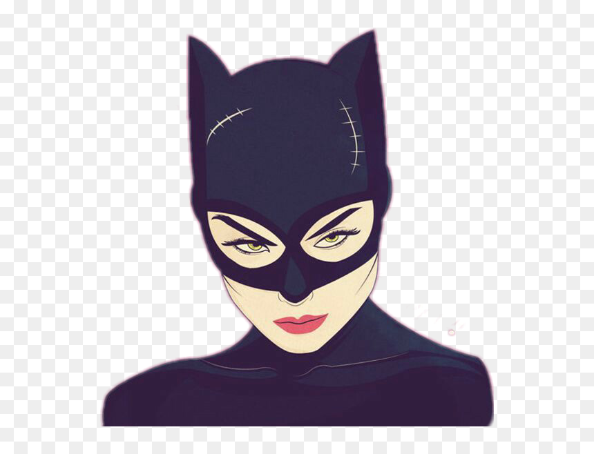 Stylized illustration of Catwoman in a black cowl with stitched details, sharp green eyes, and bold red lips against transparent background.