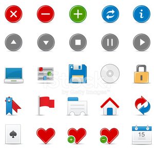 Collection of 20 colorful vector icons including actions, media, tech, and symbols like hearts, flags, and calendar.