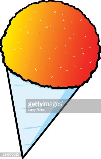 Colorful shaved ice dessert in a cone with orange-to-red gradient syrup and white sprinkles.