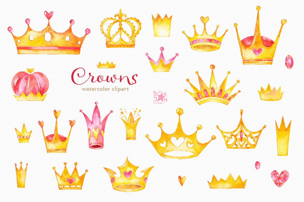 Watercolor illustration of assorted golden and pink crowns with hearts and decorative details, labeled "Crowns watercolor clipart".