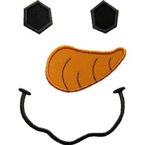Embroidered snowman face with black hexagon eyes, orange carrot nose, and stitched smile on white background.