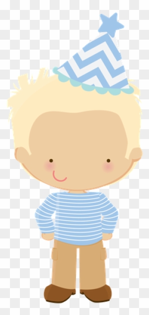 Cute cartoon boy with blond hair wearing a blue party hat and striped shirt, smiling for a birthday celebration.