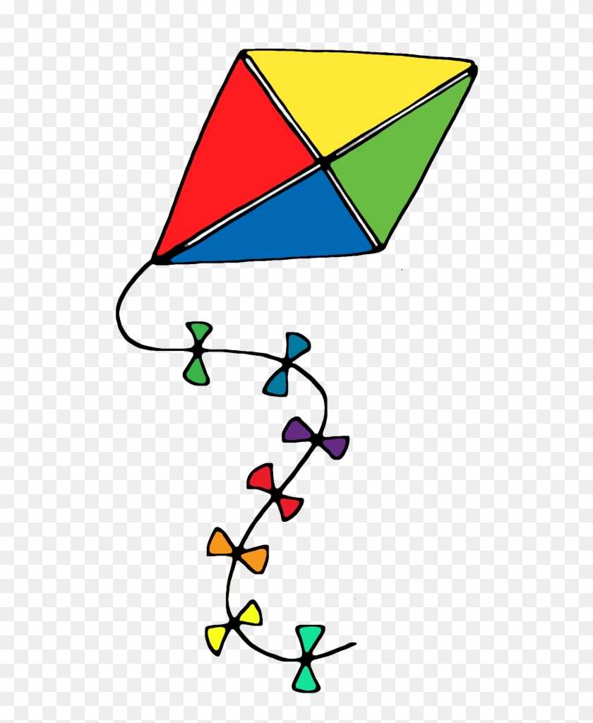 Colorful diamond-shaped kite with red, yellow, green, and blue panels and a multicolored tail of bow-like shapes.