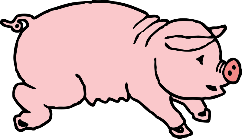 Pink cartoon pig walking left with curly tail and snout, outlined in black on white background.