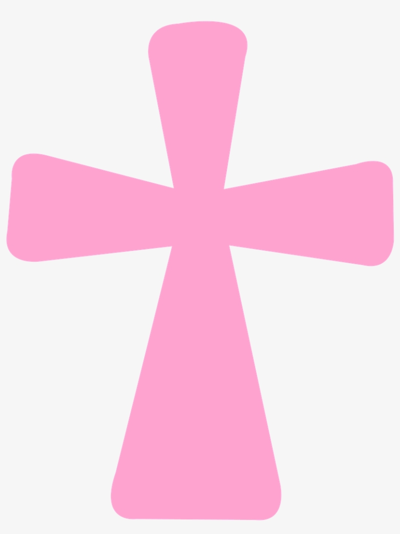 A solid pink Christian cross with rounded ends, set against a light gray background.