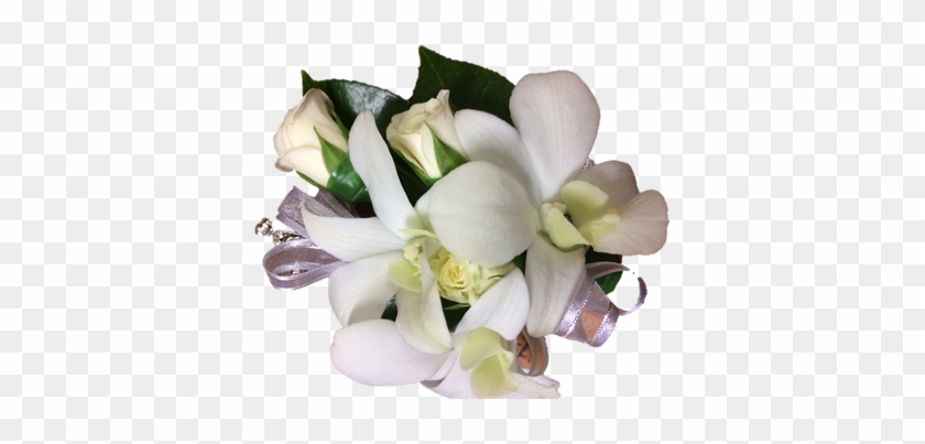 Elegant white orchid and rose corsage with green leaves and lavender ribbon, perfect for formal events.