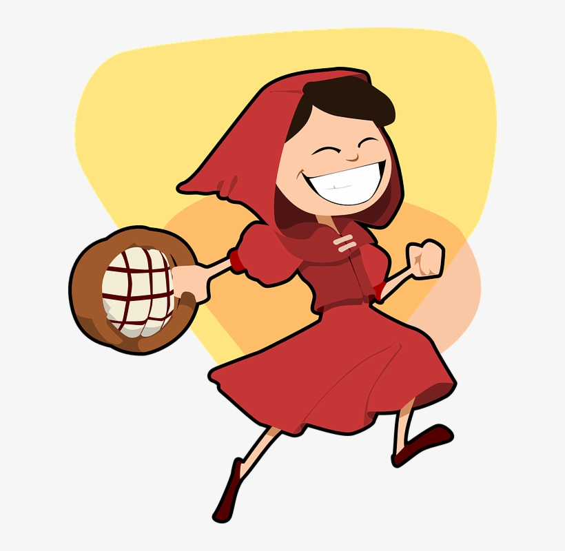 Joyful cartoon girl in red hooded dress running with a woven basket of bread.