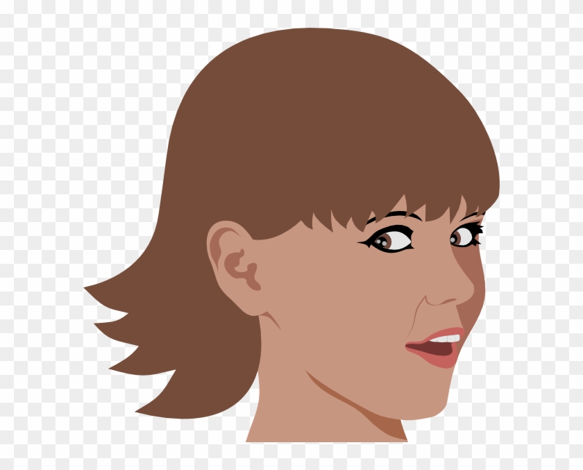 Illustration of a woman with brown bob haircut and bangs, smiling slightly in profile view.