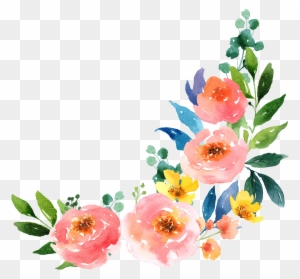 Watercolor floral corner design with pink peonies, yellow blossoms, green leaves, and blue accents on transparent background.