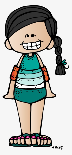 Smiling cartoon girl in striped swimsuit with floaties, braided hair, and flip-flops.