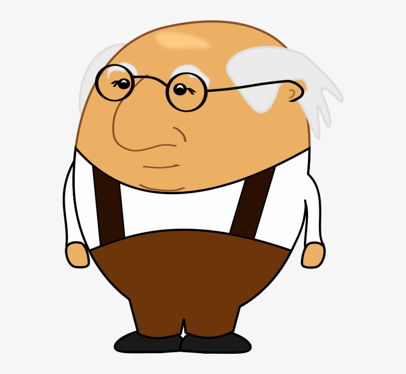 Cartoon elderly man with bald head, white side hair, round glasses, suspenders, and brown pants.