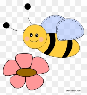 Cheerful cartoon bee with striped body and blue wings hovering above a pink flower.