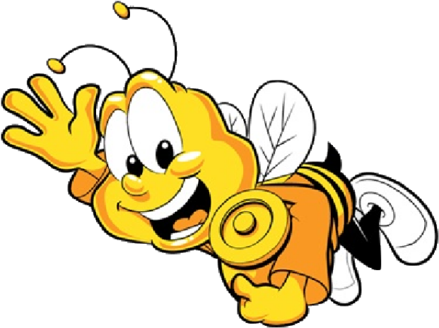 Cheerful yellow cartoon bee waving, holding a honey dipper, with white wings and joyful expression against black background.