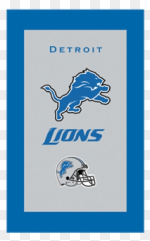 Detroit Lions logo and helmet graphic on gray background with blue border