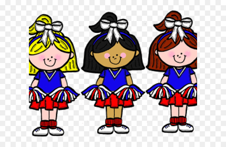 Three cartoon cheerleaders in blue uniforms with red-white pom-poms and bows, smiling and posing.