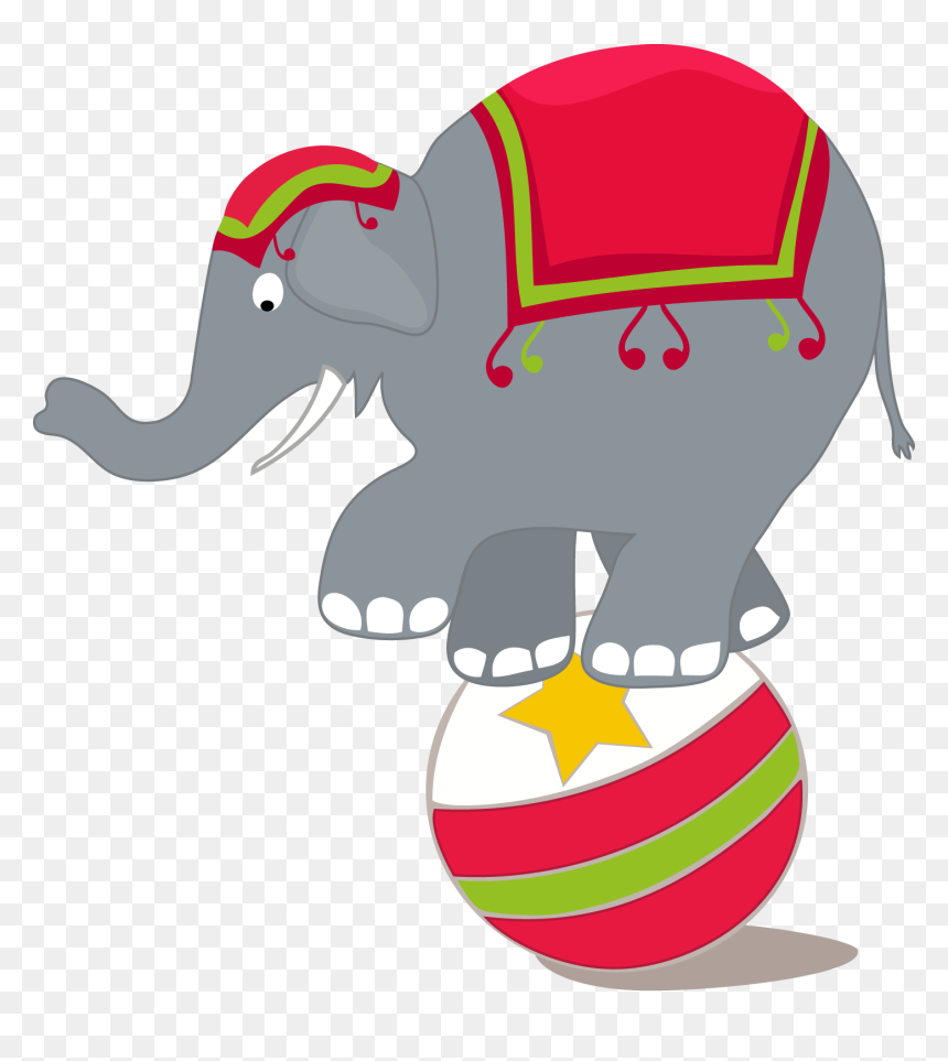 Circus elephant balancing on a striped ball with red and green costume.