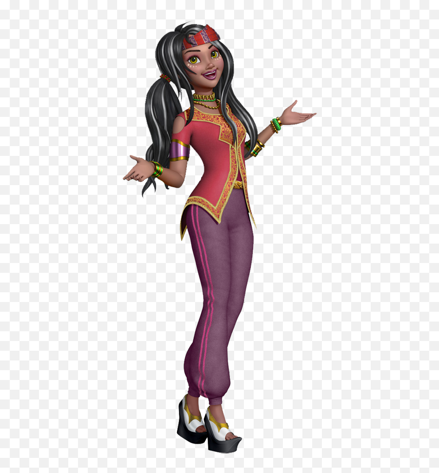 Animated female character with long black hair, colorful traditional-inspired outfit, and expressive pose.