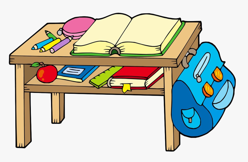 A wooden school desk with an open book, pencils, apple, notebooks, and a blue backpack hanging on the side.