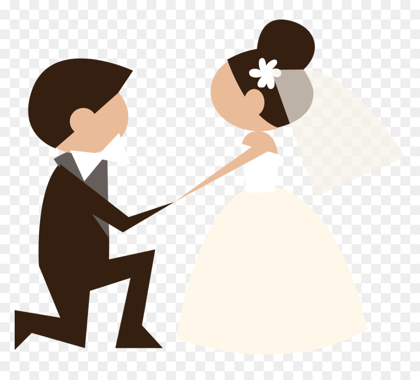 Groom kneeling to propose to bride in wedding attire, minimalist vector illustration.