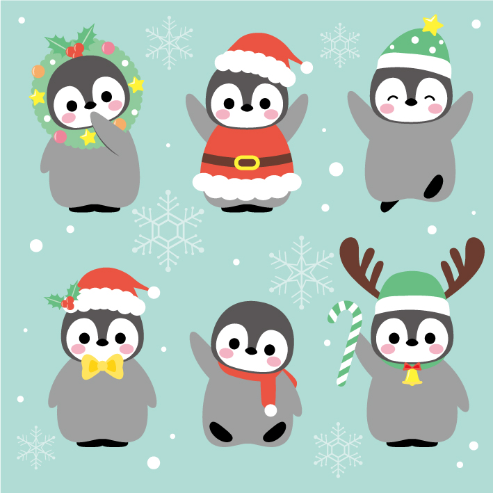 Six adorable cartoon penguins in festive holiday outfits including Santa suits, wreaths, reindeer antlers, and scarves on a snowy teal background.