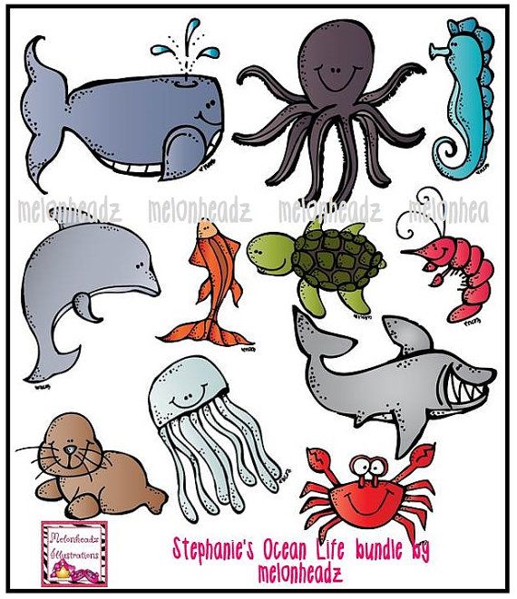 Cute cartoon ocean animals including whale, octopus, seahorse, dolphin, turtle, shark, crab, jellyfish, seal, fish, and shrimp.