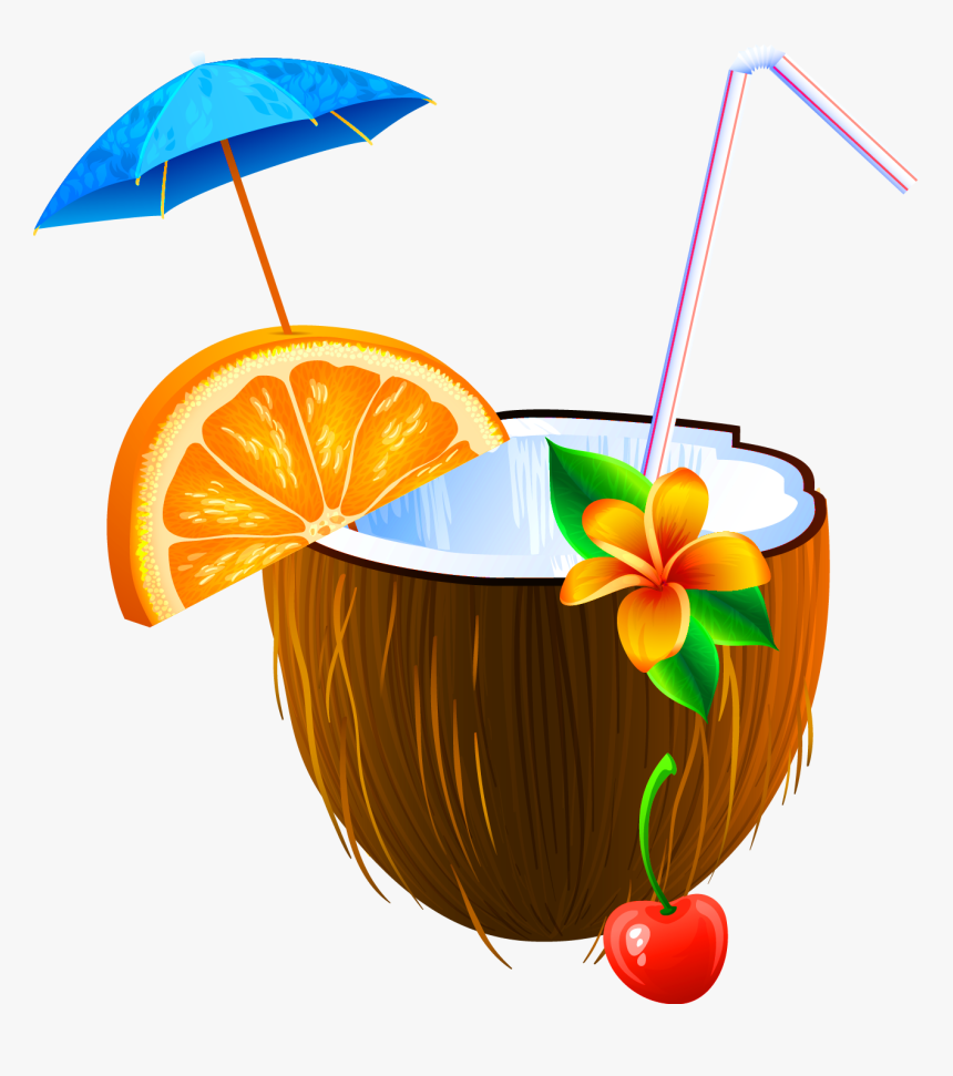 Tropical coconut cocktail with orange slice, cherry, flower garnish, blue umbrella, and straw.