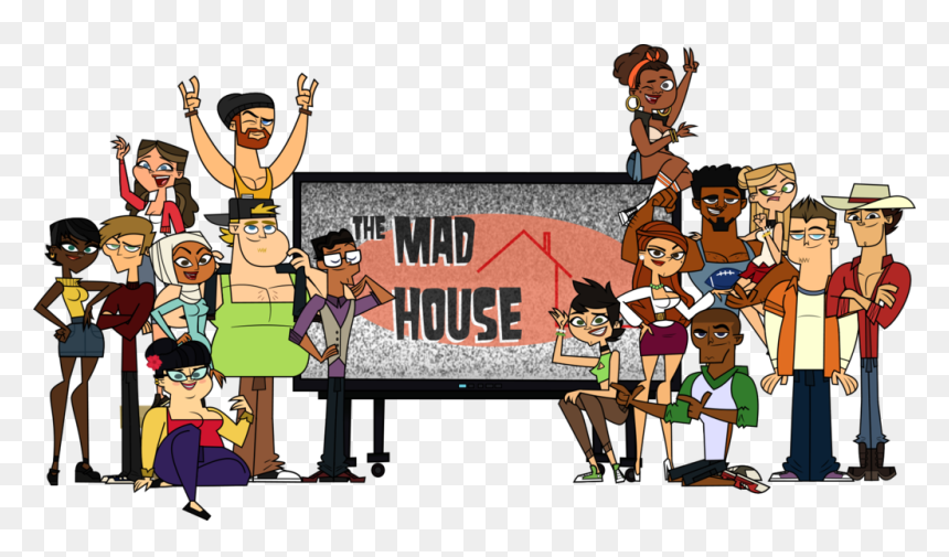 Animated cast of diverse characters posing around a TV screen displaying "The Mad House" logo.