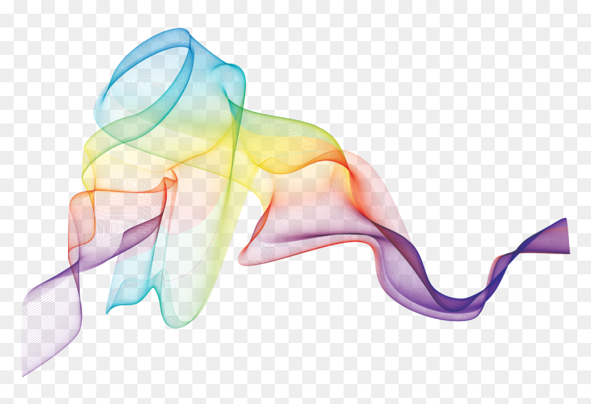 Abstract rainbow-colored translucent ribbon flowing in dynamic waves on transparent background.