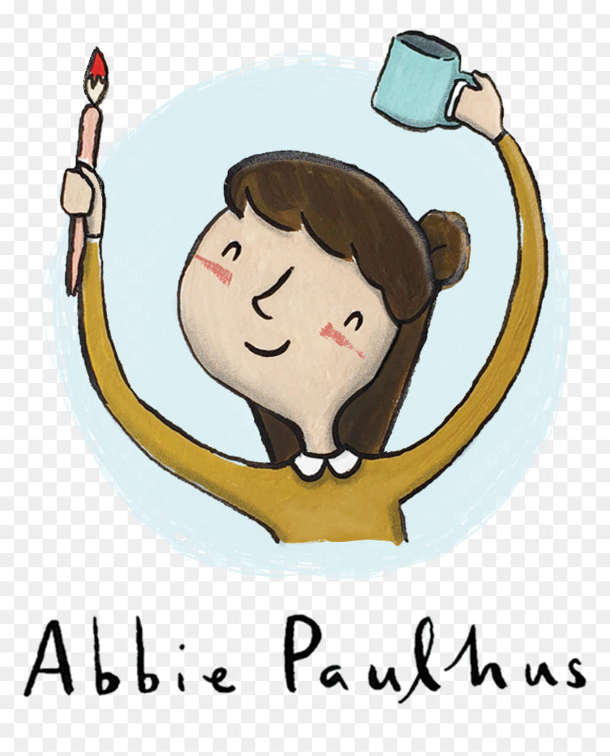 A smiling woman with brown hair in a bun holds a paintbrush and coffee mug, framed in a light blue circle; name "Abbie Paulhus" below.