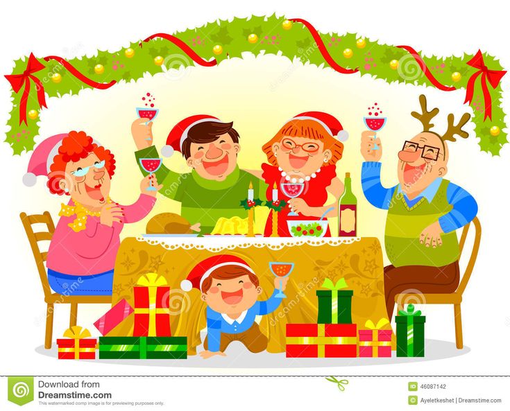 Joyful multi-generational family celebrating Christmas at a decorated dinner table with gifts, wine, and festive hats.