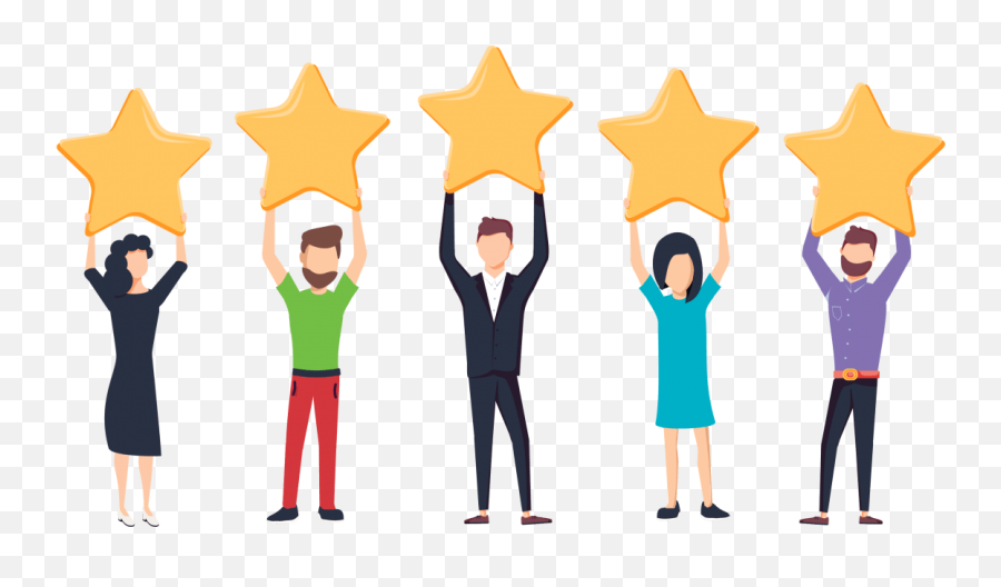 Five diverse people holding up large yellow stars, symbolizing top ratings or customer satisfaction.