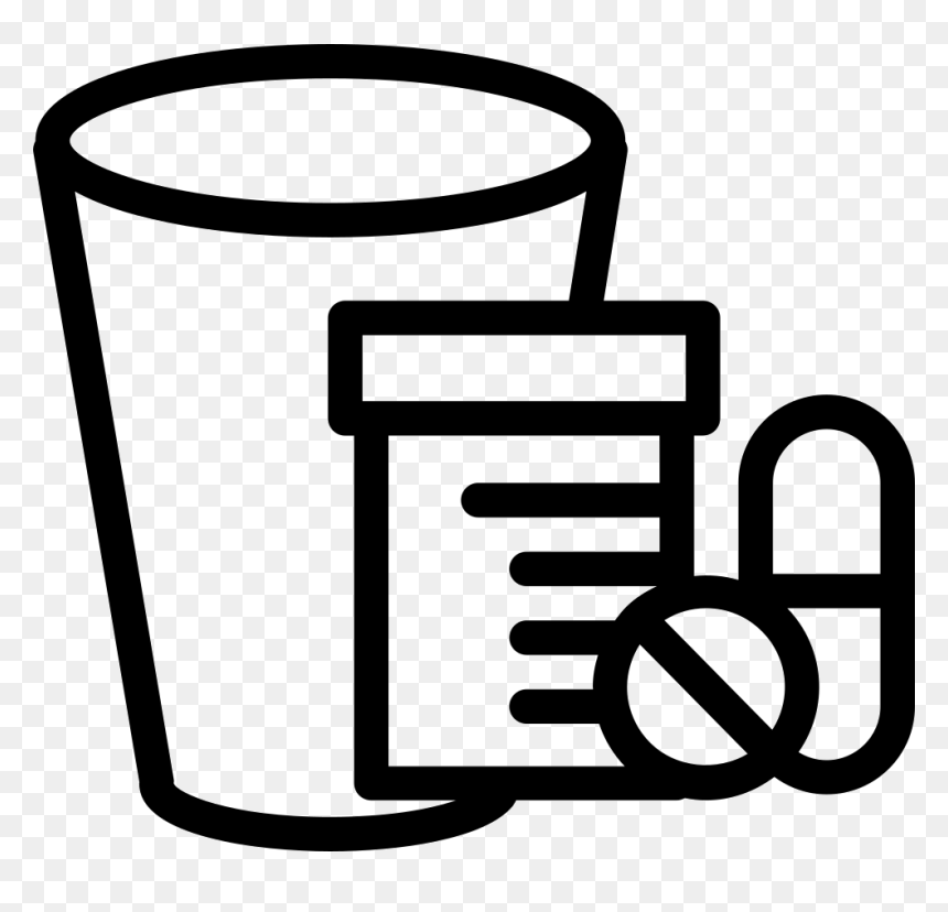 Glass of water, pill bottle, and capsule icon representing medication intake instructions.