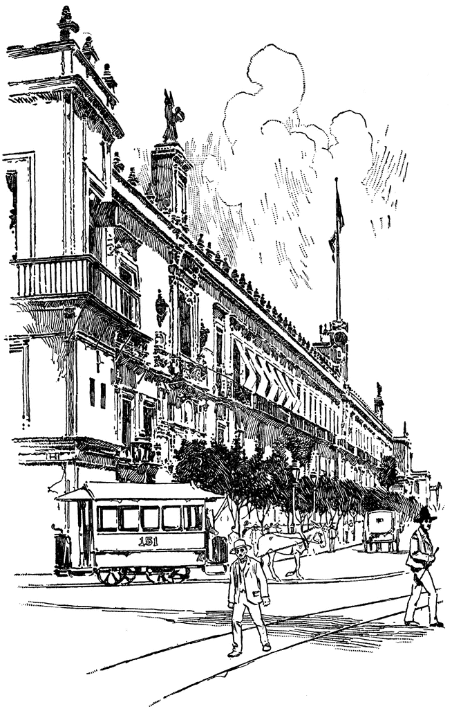 Historic street scene with ornate building, horse-drawn tram #151, pedestrians, and flagpole under cloudy sky.