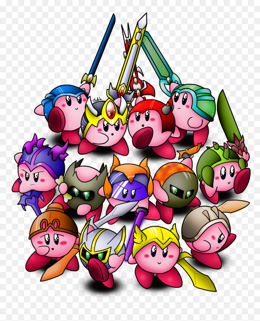 Kirby characters in diverse warrior armor and weapons, arranged in a dynamic group pose.