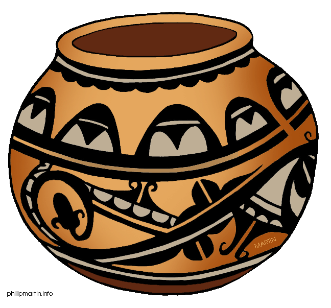 Traditional Native American pottery with geometric and curvilinear black-and-white designs on terracotta background.