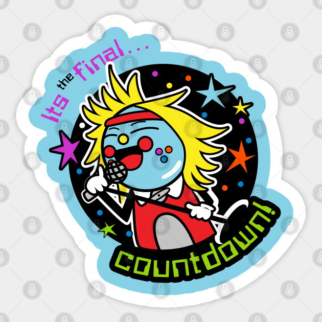 Animated blue character with spiky yellow hair sings into mic amid stars and "It's the final... countdown!" text.