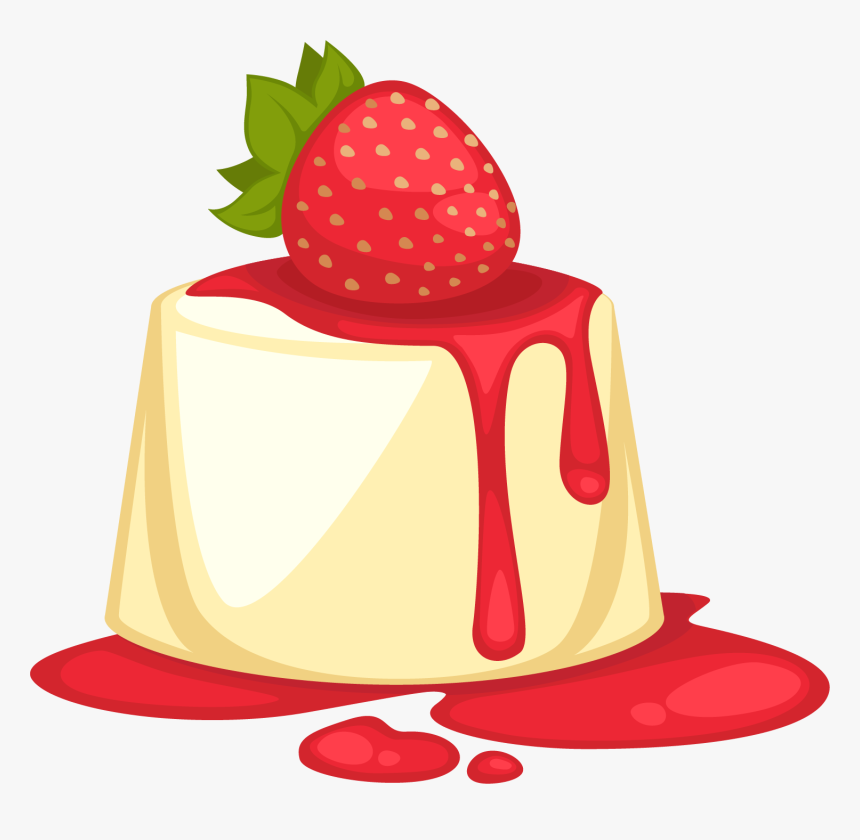 Creamy vanilla panna cotta topped with a fresh strawberry and dripping red sauce.