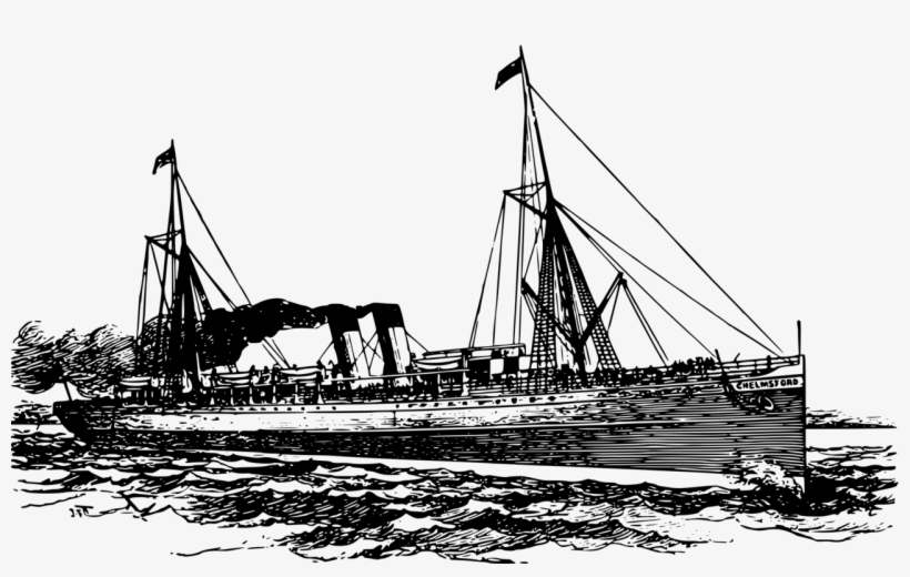 Black-and-white illustration of the steamship *Chelmsford* sailing on choppy seas, with twin funnels and masts flying flags.