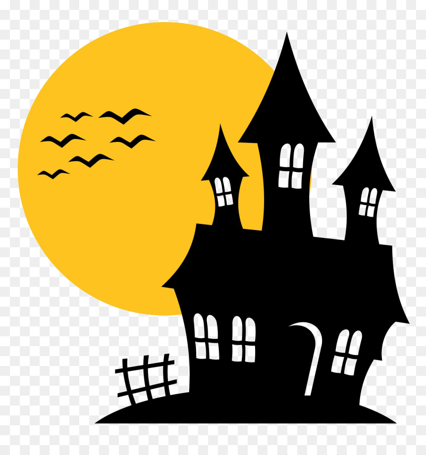Spooky black haunted house silhouette with pointed towers, white windows, a crooked fence, flying bats, and a large yellow full moon behind.