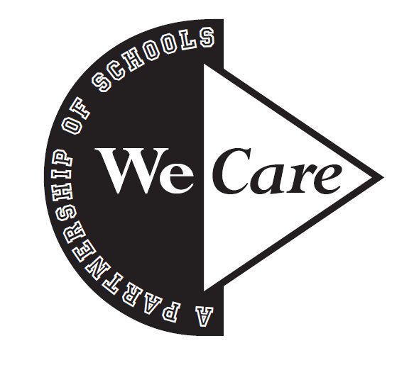 We Care logo: black semicircle with "A PARTNERSHIP OF SCHOOLS" text, white triangle with "We Care" in center.