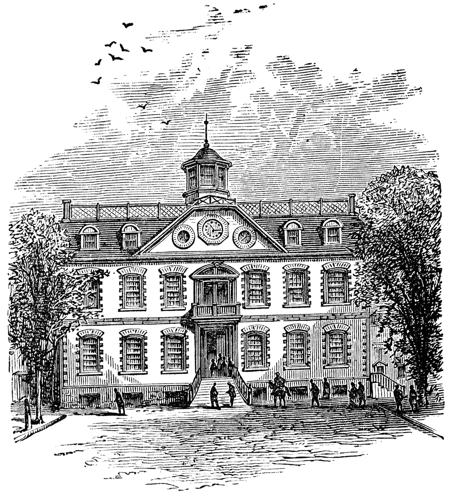 Historic engraved illustration of a grand 19th-century institutional building with cupola, arched windows, and people gathering at entrance.